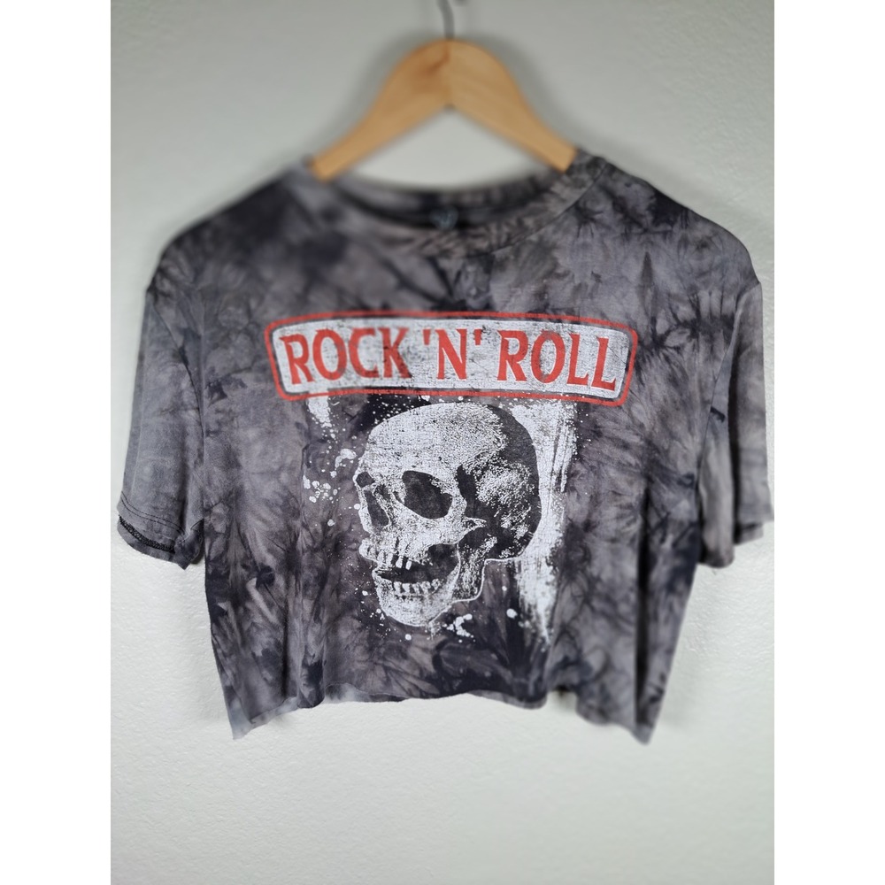 Windsor Rock N Roll Skull Graphic Crop Top Tie Dye Black Grey Raw Hem Tee